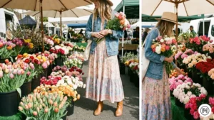5 Denim Jacket & Maxi Dress Bohemian spring look showing a woman in a floral maxi dress layered with a classic blue denim jacket.