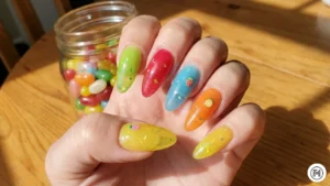 5. Jelly Bean Nails Alt Text: Translucent lime green jelly nails with a high-gloss candy finish for summer. 