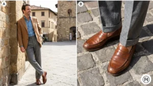 5. Camel Blazer + Grey Trousers + Loafers ALT Text: Split-screen showing a smart-casual formal look with a camel blazer, grey trousers, and brown leather loafers outdoors.