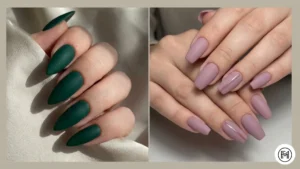 5. Matte Acrylic Nails Alt Text: Sophisticated matte acrylic nails highlighting a velvety deep emerald green and a soft mauve finish with chic glossy accents.