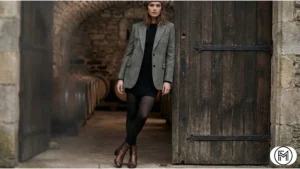 Professional winter winery style featuring a grey tweed blazer over a black knit dress.