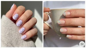6. Simple Polka Dots Alt Text: Playful simple polka dot short nail designs featuring crisp white dots on lavender and colorful pastel clusters.
