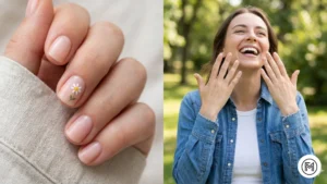 Subtle Floral Accents: "Close-up of a delicate daisy floral nail design and a woman in a casual chic spring outfit."