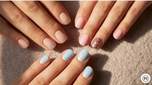 Bold Stripes: Playful short nail art featuring bold colorful stripes in coral and turquoise shades.
