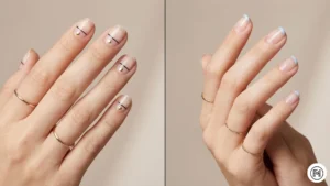 6 Minimalistic Art A 2-way split of elegant minimalist spring nails with negative space designs, thin black lines, and tiny pastel blue French tips.