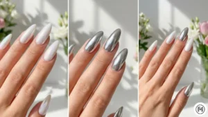 6Pearl & ChromeThree-panel comparison of long nails with iridescent pearl finish and sleek metallic chrome textures.