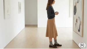 Outfit 6: Minimalist winter look with a camel wool midi skirt and charcoal cashmere sweater.

