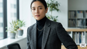 Modern understated luxury featuring a long deep olive leather coat and flowing wide-leg pants.