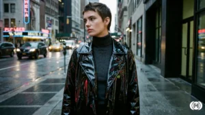 6. High-Gloss & Vinyl High-fashion black vinyl trench coat reflecting city lights, representing the futuristic high-gloss winter trend.