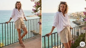 6 Button-Down & Shorts Casual spring vacation outfit featuring a white linen button-down shirt and tailored high-waisted beige shorts.