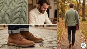 6	Crewneck + Desert Boots	Sage green crewneck sweater layered over a white shirt with jeans and tan desert boots.
