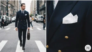 6. Double Breasted Navy Suit + Pocket Square ALT Text: Photographic collage of a powerful double-breasted navy suit accented with a crisp white pocket square. 