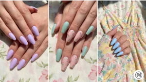 6. Pastel Acrylic Nails Alt Text: Fresh pastel acrylic nails for spring, featuring soft solid tones of lavender, mint green, blush pink, and baby blue.