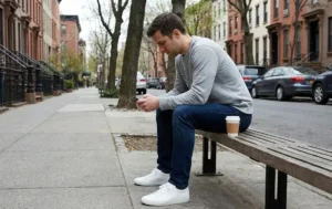 Man sitting on a bench wearing a grey crewneck sweater and jeans with sneakers for everyday comfort.