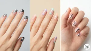 7. Negative Space Nail Art Alt Text: Chic negative space nail art on short nails featuring sleek diagonal stripes, minimalist intersecting lines, and soft pastel half-moons.