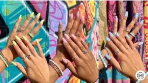 Alt Text: Trendy pastel swirl acrylic nail patterns in mint, peach, and lavender colors.