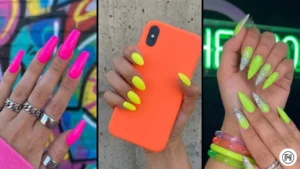 7 Neon Spring A 3-way vertical split of vibrant neon pink, highlighter yellow, and electric lime green nails with a trendy matte and glitter finish.
