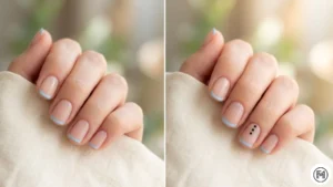 7Micro French DotsMinimalist micro French tip nail art on short nails paired with tiny delicate dot accents.