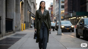 Effortless chic winter casual outfit with a navy oversized wool coat and dark slim jeans.