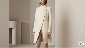 7. Elevated Minimalism Quiet luxury aesthetic featuring a cream-colored asymmetric cashmere coat with clean minimalist lines. 
