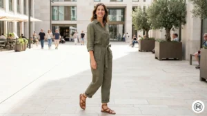7 Jumpsuit & Sandals Effortless one-piece spring fashion showing an olive green linen jumpsuit with flat strappy sandals.
