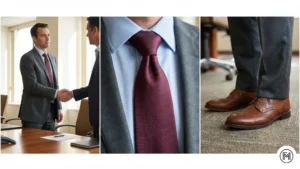 7. Grey Suit + Burgundy Tie + Brown Shoes ALT Text: Triptych highlighting a professional grey business suit paired with a contrasting burgundy tie and brown shoes. 