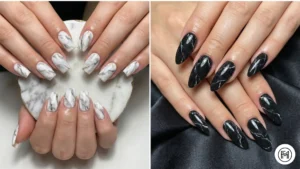 7. Marble Acrylic Nails Alt Text: Elegant marble acrylic nails displaying classic white and grey stone swirls alongside a sophisticated black marble design.