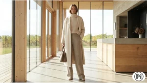 Sophisticated monochrome winter outfit in taupe and cream tones for a vineyard visit.