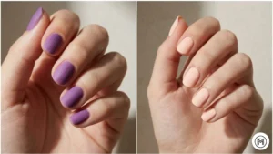 8. Matte Finishes Alt Text: Elegant matte finish short nails highlighting a velvety lilac hue and a smooth pale peach topcoat.