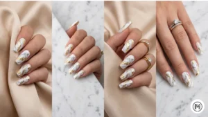 Alt Text: Luxurious white marble acrylic nails with gold leaf flakes and metallic gold line accents.