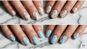 8 Marble Nail Art A 2-way horizontal split of luxury marble nail art featuring classic white and grey veins with ocean blue marble textures.