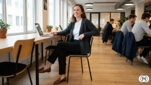 Business casual outfit with black straight-leg trousers, leather loafers, and a soft grey cardigan.