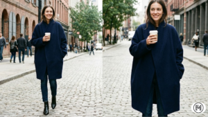Elegant taupe ribbed knit maxi dress cinched with a brown leather belt for winter.