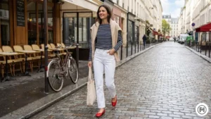 8 Striped Tee & White Jeans Parisian style spring outfit with a navy striped t-shirt, white jeans, and red ballet flats.