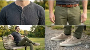 8	Henley + Olive Chinos	Relaxed spring look featuring a white long-sleeve Henley shirt and olive green chinos.

