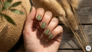 8. Back-to-Nature Earthy Tones Alt Text: Matte earthy tone nails in olive green and beige, highlighting eco-chic summer styles. 