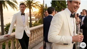 8. Ivory Dinner Jacket + Black Pants ALT Text: Split-screen showing a summer formal ivory dinner jacket and black pants in an evening setting. 