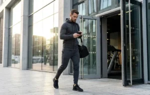 Man leaving a gym in a grey hoodie and matching joggers with trainers, showcasing men's athleisure style.