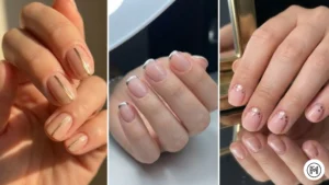 9. Metallic Accents Alt Text: Glamorous metallic accents on short nails featuring thin gold stripes, delicate silver tips, and rose gold dots.