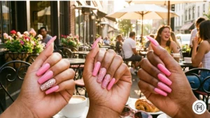 Alt Text: Feminine candy pink acrylic nails decorated with sparkling rhinestones and crystals.