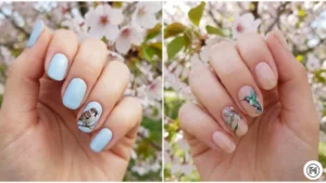 9 Spring Bird A 2-way split of artistic bird-themed nails with hand-painted sparrows and hummingbirds on soft pastel blue and nude backgrounds.