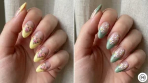 9Floral ChevronDetailed floral chevron nail design featuring pastel V-shape tips and hand-painted spring roses.