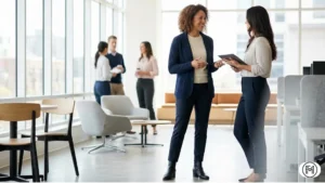 Navy sweater blazer styled with a cream top and ankle boots for a modern office look.