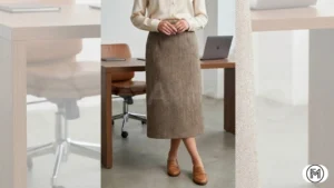 Outfit 9: Tweed midi skirt in herringbone pattern paired with a luxury cream silk blouse.

