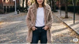 9. Modern Faux Fur Realistic tan faux fur coat styled with denim for a modern, cruelty-free winter luxury look. 