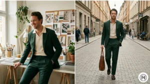 9. Forest Green Suit + Neutral Shirt ALT Text: Two-panel view of a trendy forest green suit paired with a neutral shirt for a modern creative formal look. 