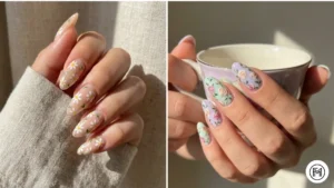 9. Floral Acrylic Nails Alt Text: Delicate floral acrylic nails decorated with beautiful hand-painted white daisies and intricate tiny pink roses.