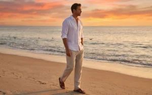 Man walking on a beach in a white linen shirt and beige trousers, an ideal summer cool outfit for men.