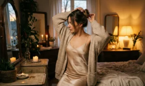 A woman in a satin dress and chunky knit cardigan fixing her hair into a bun in a warmly lit, cozy bedroom at night, surrounded by candles and a vintage mirror.