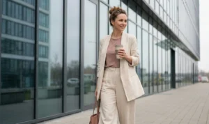 A professional woman in a relaxed beige linen suit holding a coffee cup while walking outside a modern glass office building. Title: Confident Businesswoman in Relaxed Beige Suit.
